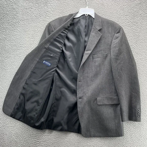 Stafford 100% Wool Blazer Men's 44L Herringbone Elbow Patch Corp Business Career